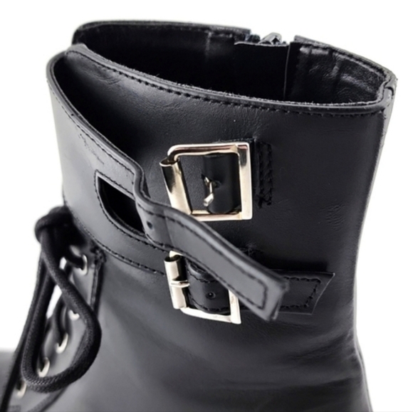 NWT Italian Shoemakers Black Leather Lace-Up Combat Short Boot Strap Buckle Sz 6 - Picture 12 of 15